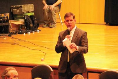 Mayor Martin Walsh spoke during a ‘Mondays with the Mayor’ forum at Mildred Ave. school on Dec. 7. 	Caleb Nelson photo